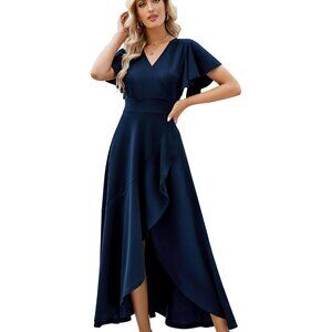 Long Formal Dresses for Women Navy blue V Neck Wrap Ruffle Dress